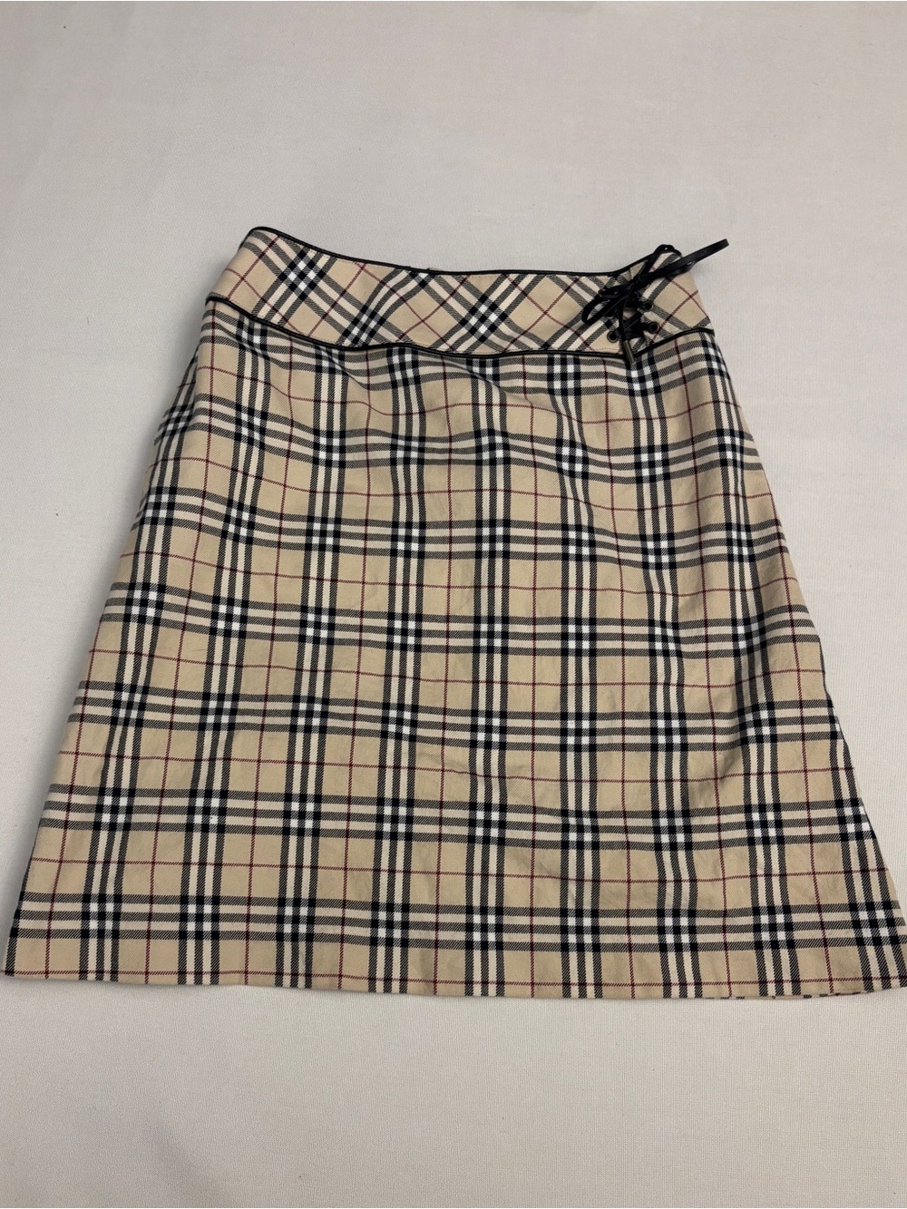 Burberry Check Plaid A-Line Skirt with Black Leather Lace-Up Detail